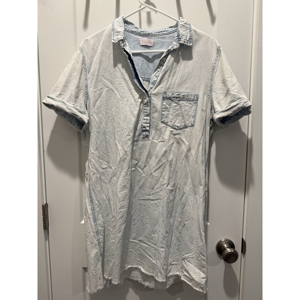 Women’s Pink Lily Mineral Wash Shirt Dress Mini Large Button Casual Short sleeve